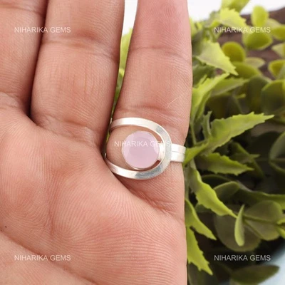 Argento Sterling Rotondo Rosa Calcedonio Gemma Massiccio Moglie Fedina Gioielli - Immagine 1 di 4
