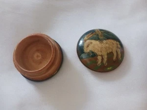 Vintage Small round Turned Wooden Hand Painted Goat Ram Pill, Snuff Box - Picture 1 of 6