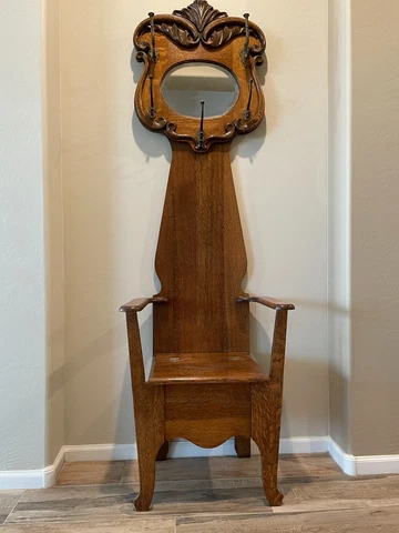 Antique Oak Hall Tree with Mirror and Bench Cover