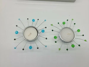"Portavelas planas de luz verde azulada con cuentas 1 verde y 1 azul nuevo en caja 3""x3" - Imagen 1 de 7