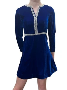XS~S Vtg 60s Blue Velvet Mod Mini Dress Babydoll Silver Metallic Trim Party - Picture 1 of 14