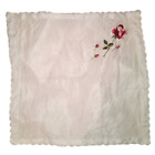Vintage White Handkerchief With Embroidered Red Rose Scalloped Edge Sheer Hanky