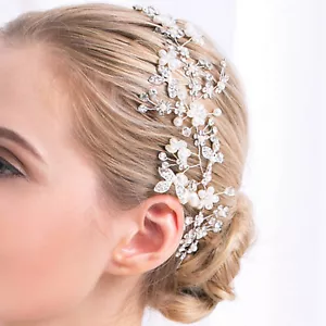 Rhinestone Bridal Headpiece Silver Hair Vine Beaded Wedding Headband with Belt - Picture 1 of 3