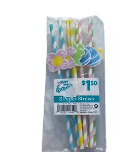 STRAWS EASTER Paper Eggs Chicks Bunnies Flowers Striped Party Supplies 8 ct - Picture 1 of 1