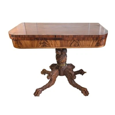 Raro Antiguo c 1820 Americano Clásico Caoba Tallada Pata con Mesa de Tarjetas de Latón NY Foto 1 de 4
