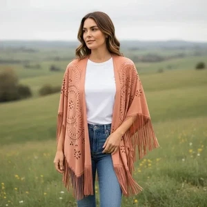 Chico's Women's OSFM Peach Laser-cut Faux Suede Fringe Ruana Boho Wrap - Picture 1 of 8
