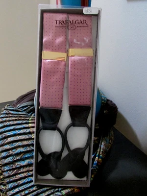 复古 TRAFALGAR 粉色/蓝色圆点丝绸/皮革 FORMAL 男式吊带-全新带盒-HTF — 第 1/4 张图片