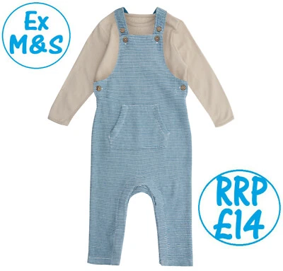 SET COMPLETO 2 PZ BABY BIMBOS BODY EX M&S 0-36M BLU A RIGHE COTONE NUOVO - Immagine 1 di 2