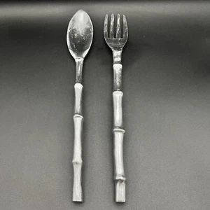 Silver Tone Bamboo Handle Salad Tosser Serving Spoon Fork Flatware Set - Picture 1 of 3