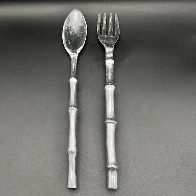 Silver Tone Bamboo Handle Salad Tosser Serving Spoon Fork Flatware Set - Image 1 of 3
