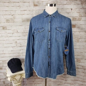 Neu mit Etikett Blake Shelton blaues Denim-Herrenhemd Pearl Snap Western-Gitarren-Plektrum roher Saum - Bild 1 von 12
