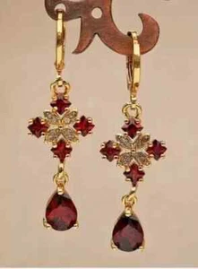 Art Deco Stil Lab Created Diamant Granat Verlobungs Ohrringe 14K Gelbgold FN - Bild 1 von 9