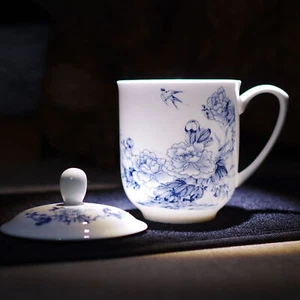 Jingdezhen Blue and White Bone Porcelain Cup Ceramic Tea Cup with Handle Lid - Picture 1 of 17