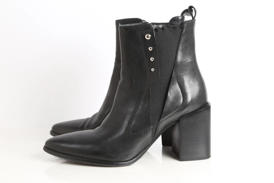 Laura Bellariva Ankle Boots Black Leather Pointed Toe Chunky Square Heel Size 39 - Image 1 of 4