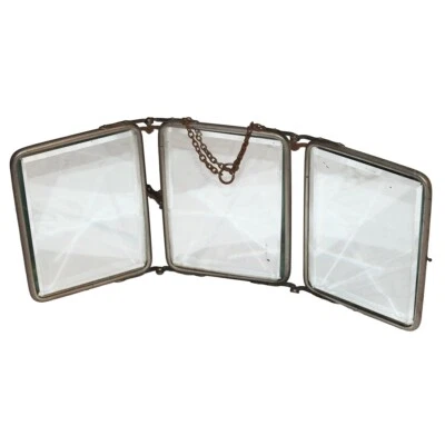 Ancien miroir triptyque de barbier avec chaînette - Photo 1/4