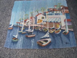 Vintage peruanische tropische Szene Wandteppich Boote Gebäude Bäume Menschen 42x46 - Bild 1 von 11