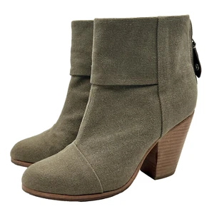 RAG & BONE Ash Army Green Canvas Newbury Ankle Boots Block Heels Zip Back Sz 38 - Picture 1 of 13