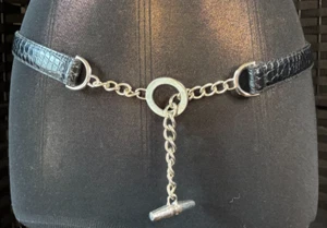 Black CROC EMBOSSED BELT Large 34-36" Silver METAL CHAIN Ring Hook TOGGLE Leash - Picture 1 of 7