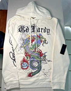 Ed Hardy Tattoo Design Dragon Pullover Hoodie Ivory Vintage Y2K Style Herren Gr. M - Bild 1 von 8