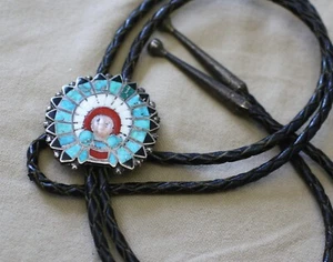 Vintage Native American Zuni Turquoise Sterling Silver Bolo Tie - Picture 1 of 8