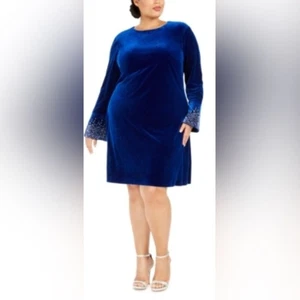 Calvin Klein Kleid 16W sehr blau knielang Velour lange Glockenärmel Reißverschluss hinten - Bild 1 von 14