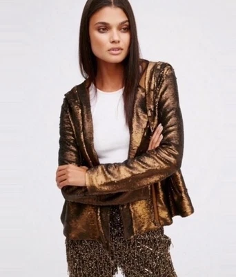 Free People блестками куртка с капюшоном бронза золото полный молнии фестиваль вечеринки XL VG Cond - Изображение 1 из 4