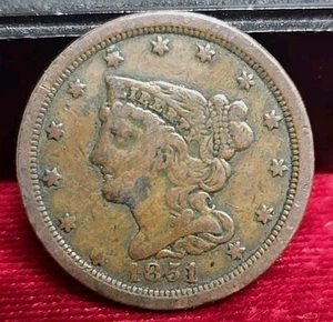 1851 1/2c. Braided Hair Half Cent - Picture 1 of 2