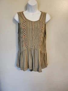 Knox Babydoll rosa olivgrün bestickt Plissee High Low Top Hippie Boho L - Bild 1 von 7