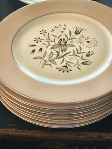 FLINTRIDGE WOODSONG California Tan/Pink Band Silver Rim 10¾" Dinner Plate ONE - Picture 1 of 3