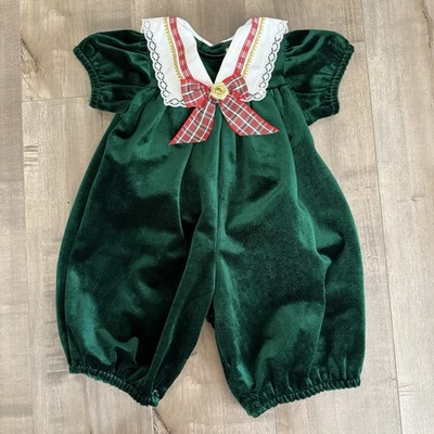 Vintage Rare Editions One Piece Holiday 6 Month Velour Green Christmas Bow USA - Image 1 of 4