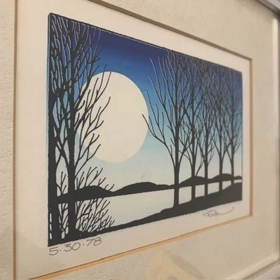 Serigrafía firmada por Rip Bodman Art In The Sky 1978 Blue Tree Moon de colección MCM Boho Foto 1 de 4