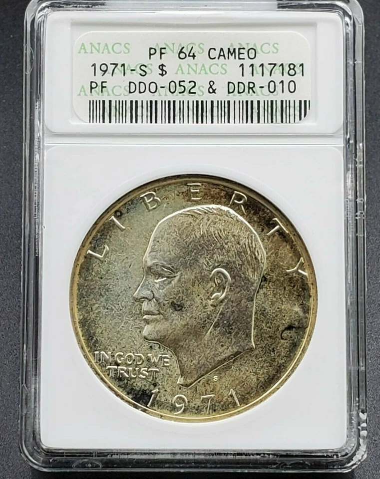 1971 S $1 Ike Eisenhower Dollar Coin ANACS PF64 Cameo Variety DDO 052 DDR 010 - Image 1 of 4