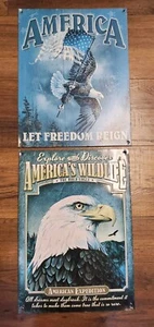 Lot of 2 - America Pride USA Tin Signs 16x12" Bald Eagle American Flag Wall Hang - Picture 1 of 4