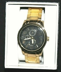 Mens Round Black & Gold Tone Analog Wristwatch w/ Gold Tone Metal Strap - Picture 1 of 3
