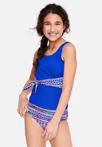 JusticeGirls Swimsuit Smocked Geo Tie Waist Tankini Swimwear Size 7 New - Picture 1 of 7