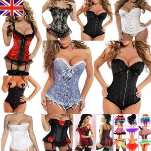 UK Women Sexy Party Bustier Boned Corset Sets Shaper Basques+Lingerie/Skirt 6-24 - Picture 1 of 30