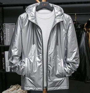 Hombres Chaqueta Metálica Brillante Con Capucha Frontal Cremallera Abrigo Holográfico Rompevientos Top - Imagen 1 de 12
