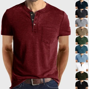 Men Short Sleeve Casual T Shirt Henley Grandad Button V Neck Solid Shirts Tops - Picture 1 of 24