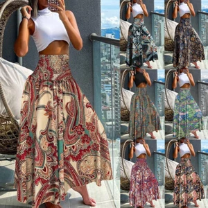 BOHO Women's High Elastic Waist Floral Gypsy Maxi Skirts Summer Dress PLUS SIZE - Picture 1 of 16