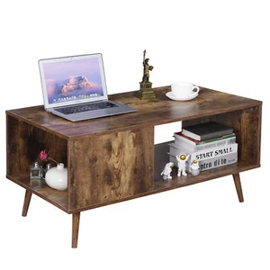 Retro Rectangular Coffee Tea Table Wooden Open Storage Shelf For Living Room - Picture 1 of 12