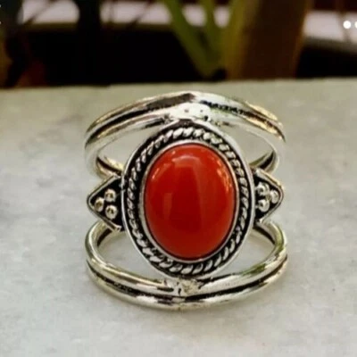 Hermoso anillo hecho a mano de plata esterlina 925 maciza de coral rojo para mujer todas las tallas M1397 Foto 1 de 4
