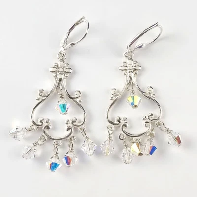 Solid 925 Silver Fancy Austrian Crystal Chandelier Iridescent Dangle Earrings - Image 1 of 4