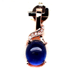 NATURAL 6 X 7 mm. BLUE SAPPHIRE & WHITE CZ PENDANT 925 STERLING SILVER 