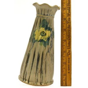 Antique WELLER "LOUELLA" BUD VASE 6.75" w/ Ruffle Lip MATTE GLAZED Yellow Flower - Picture 1 of 10