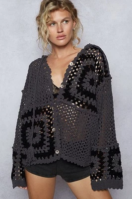 钩针方形雪尼尔连帽开衫,宽袖 - POL — 第 1/4 张图片