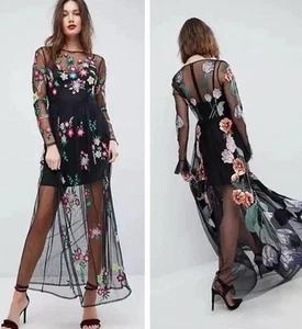 ASOS transparentes Maxikleid bestickt Blumen schwarz Größe M - Bild 1 von 7