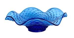Vintage Blue Art Glass Centerpiece Bowl; Ruffled Edge & Hobnail, 12" Wide - Picture 1 of 10