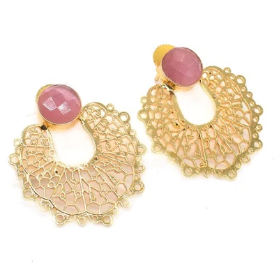 Feather Earrings Pink Cat Eye Gold Plated Jewelry Stud Earring 1.5" k196 - Image 1 of 4