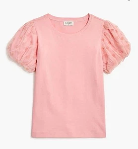 NWT J. Crew Crewcuts Embroidered Hearts Mesh Puff Sleeve T-shirt Ivory XL 12-14 - Picture 1 of 6