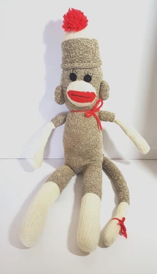 Vintage Sock Monkey Plush Toy 23 Inches Brown Red Yarn Bow and Cap - Image 1 of 3